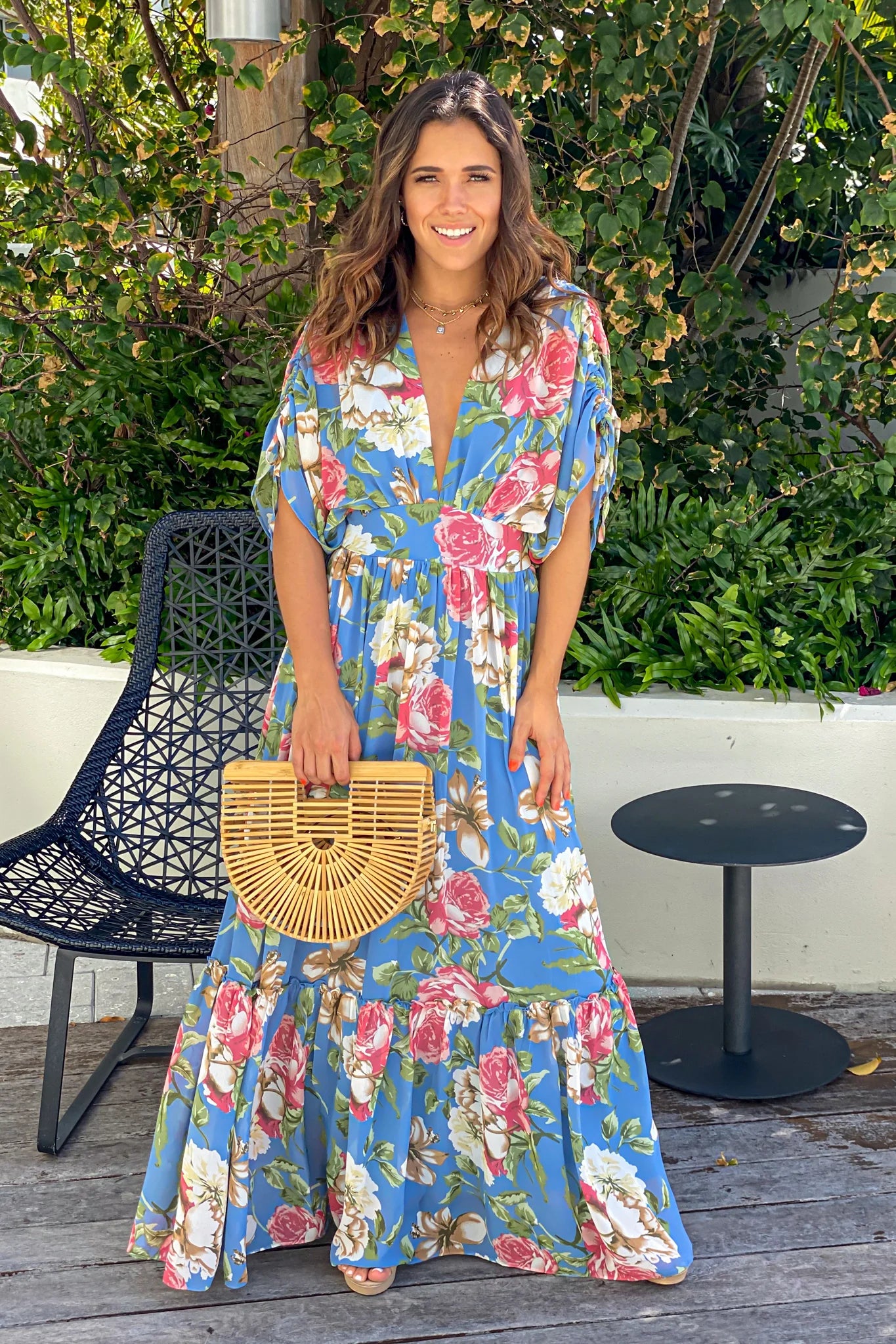 Blue Floral Dolman Sleeves Maxi Dress