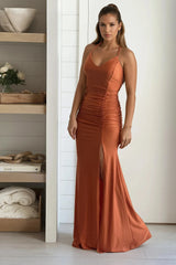 Rust Ruched Maxi Dress With Slit
