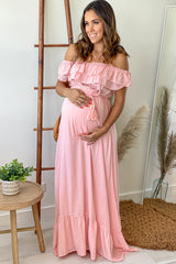 Pink Off Shoulder Waist Tie Maternity Maxi Dress
