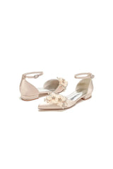 Ankle Strap Pointed Toe Low Heels with Rhinestone Flower