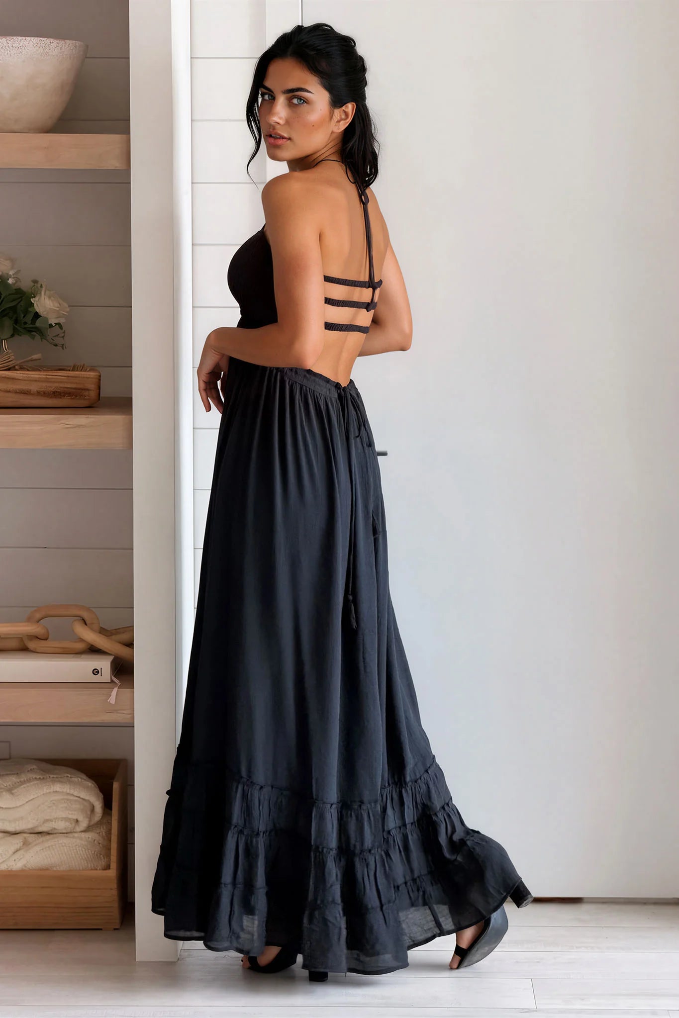Black Halter Smocked Maxi Dress