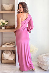 Mauve One Shoulder Long Sleeve Maxi Dress With Slit