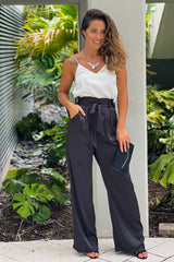 White And Black Draped Neckline Jumpsuit With Pockets