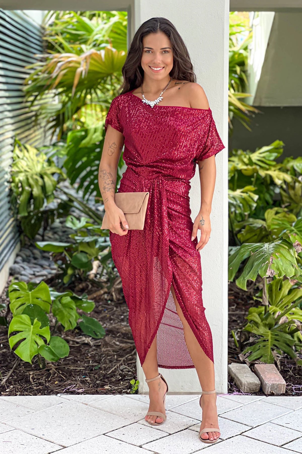 Burgundy One Shoulder Sequin Dress