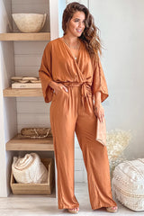 Camel Satin V Neck Jumpsuit With Pockets
