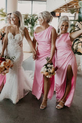 Mermaid Satin One Shoulder Bridesmaid Dress with Slit