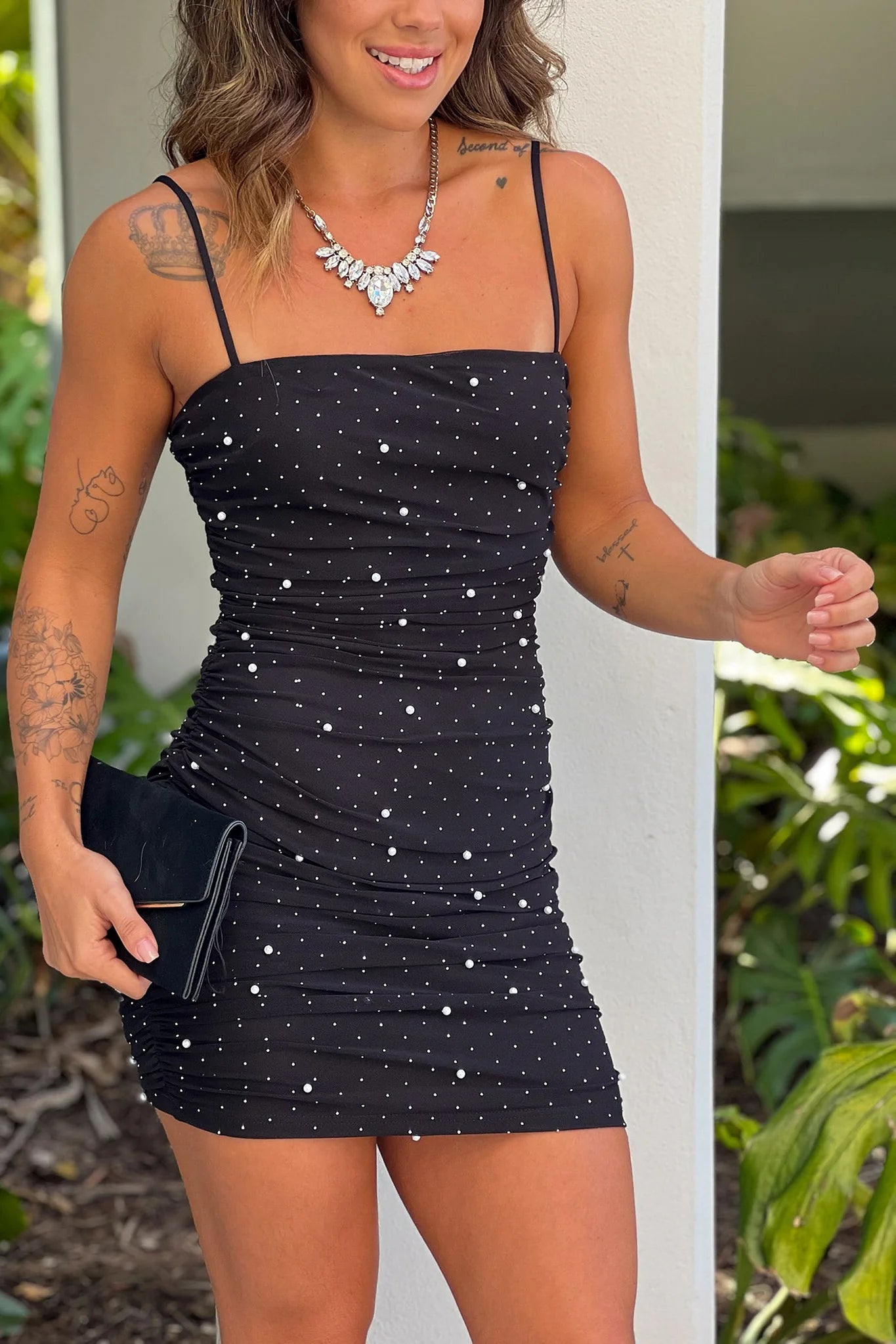 Black Mesh Dress With Pearls