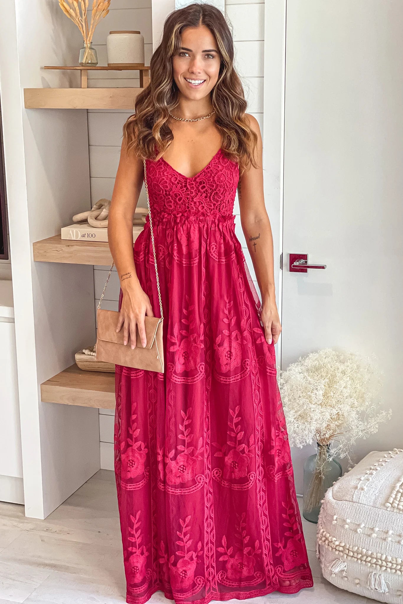 Burgundy Lace Maxi Dress With Crochet Top
