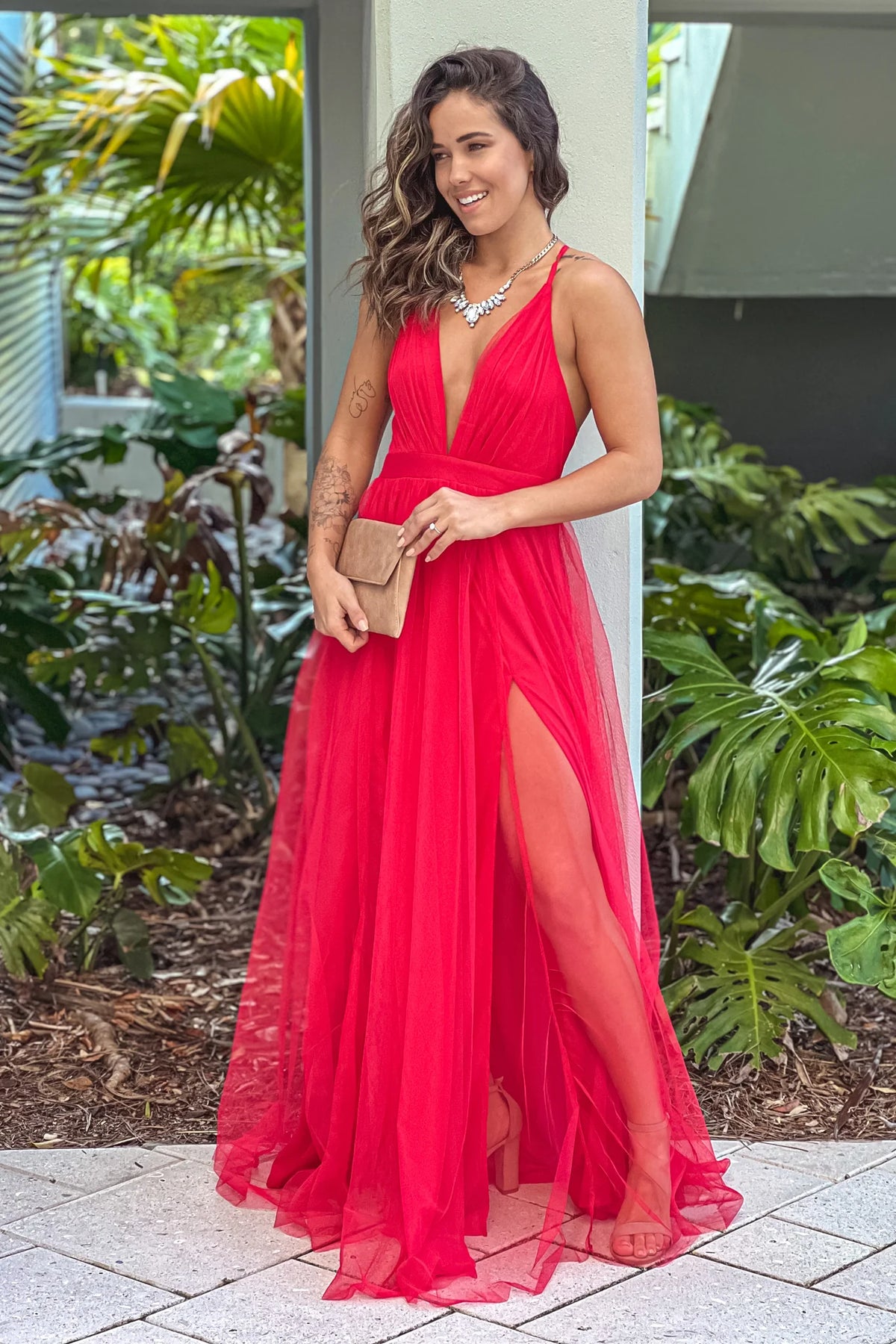 Red Mesh V Neck Maxi Dress