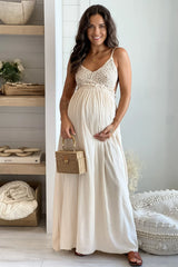Taupe Crochet Top Maternity Maxi Dress With Open Back