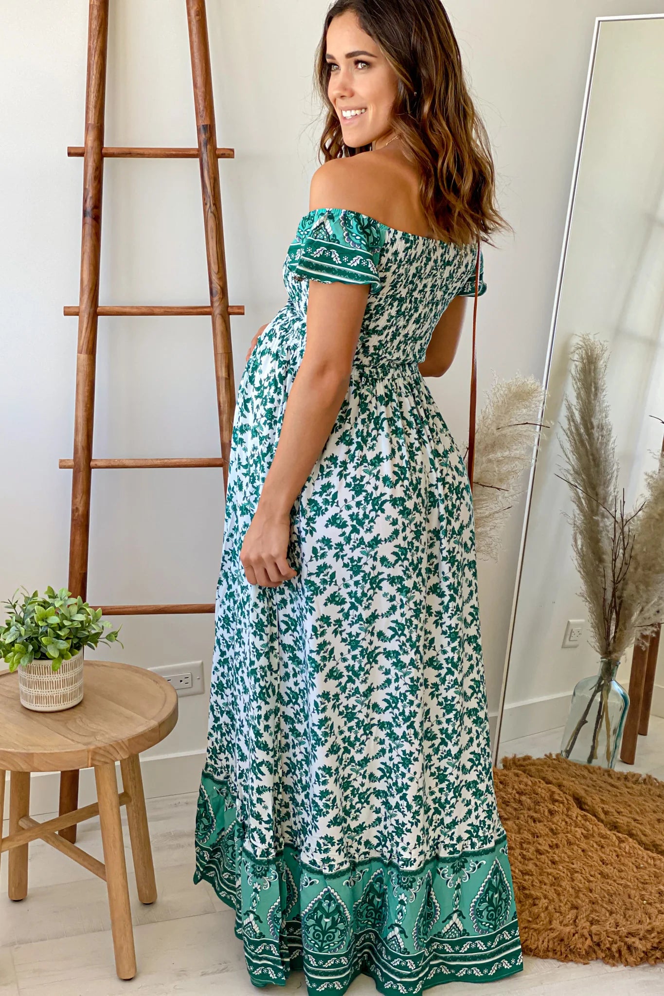 Green Floral Off Shoulder Maternity Maxi Dress