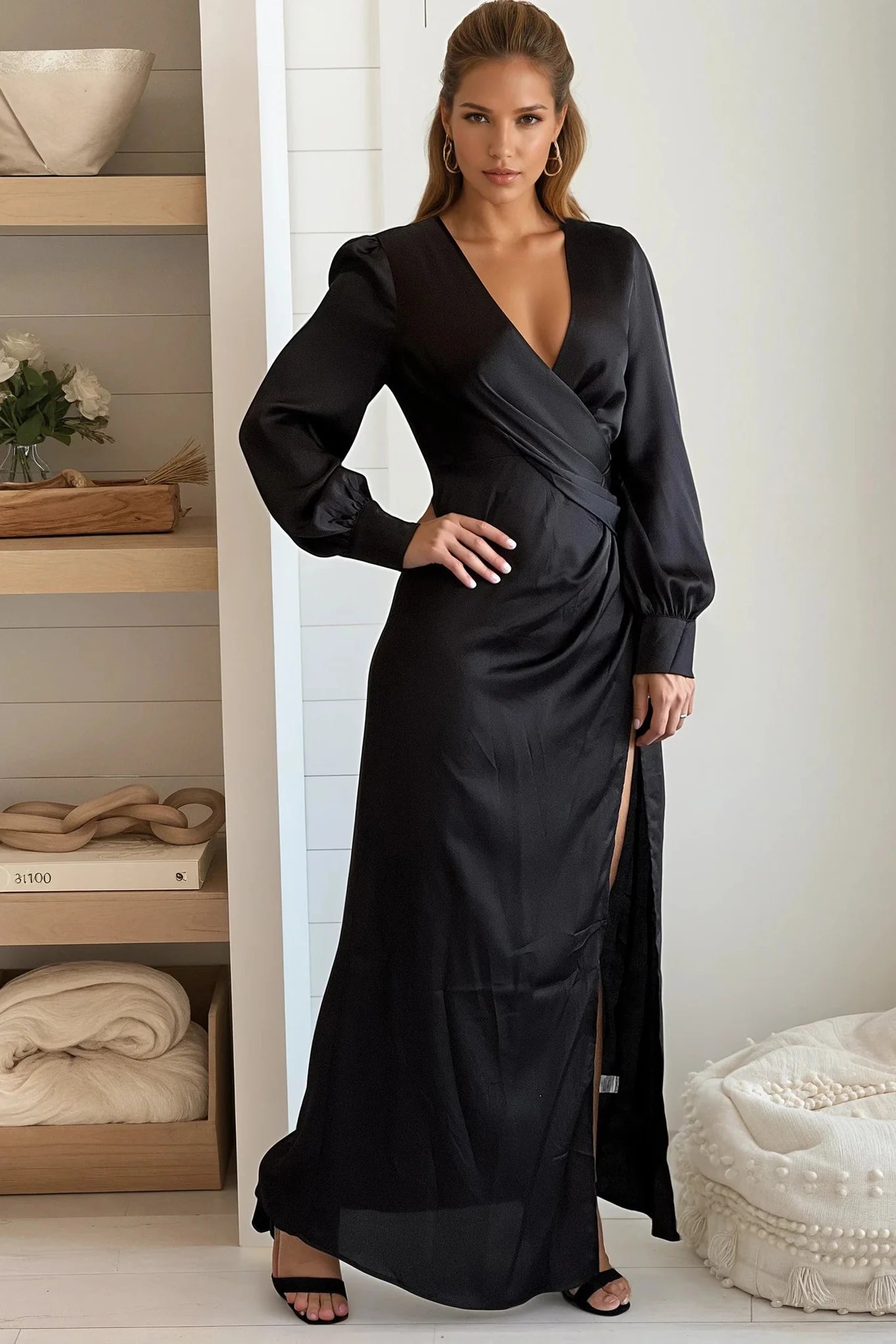 Black V Neck Satin Maxi Dress
