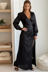 Black V Neck Satin Maxi Dress