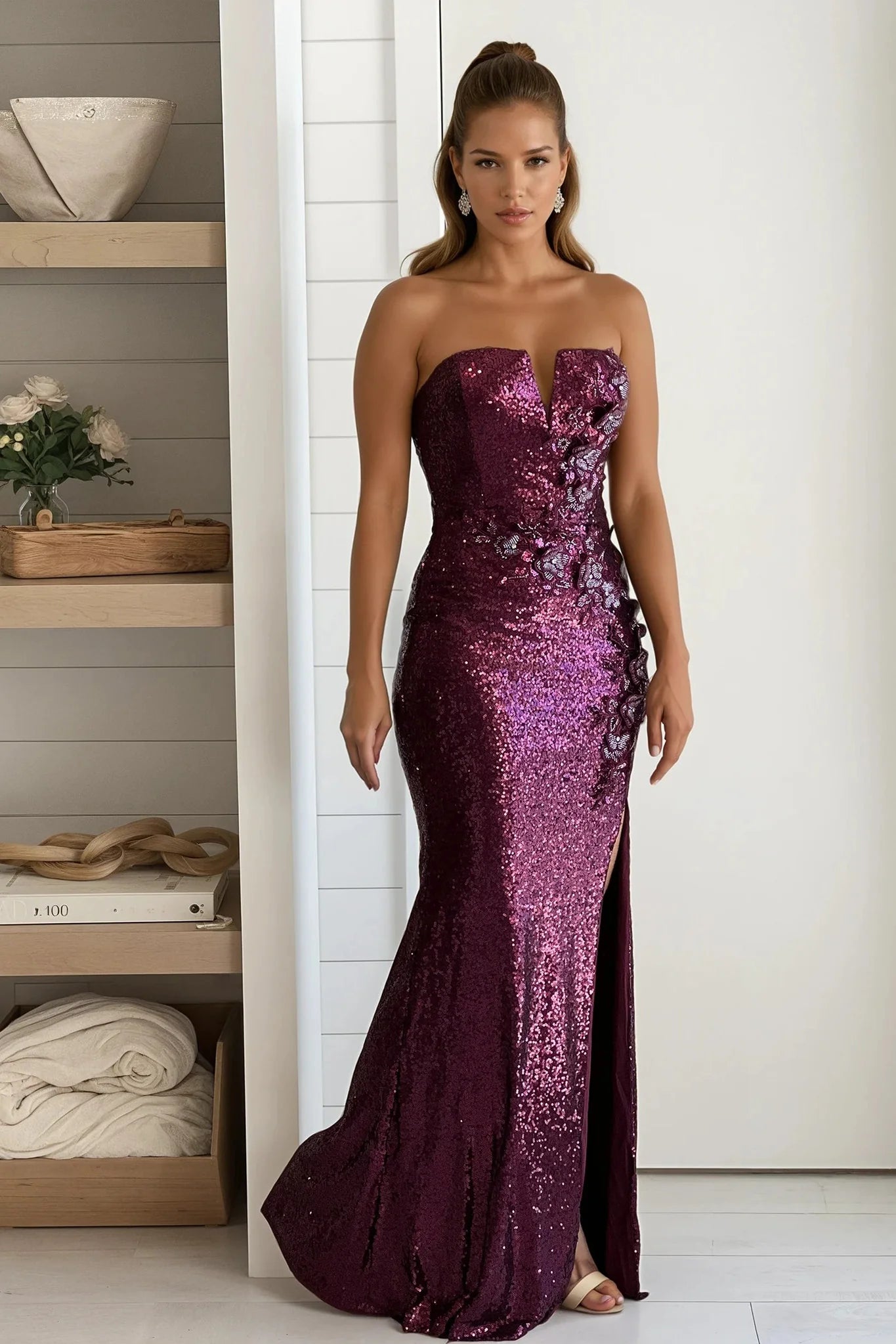 Maroon Sequin Mesh Maxi Dress With Slit