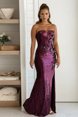 Maroon Sequin Mesh Maxi Dress With Slit