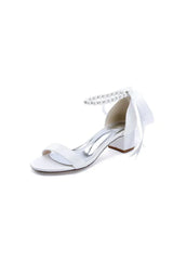 Block Heel Sandal Adorned with Pearl Ankle Band and Ribbon Bow