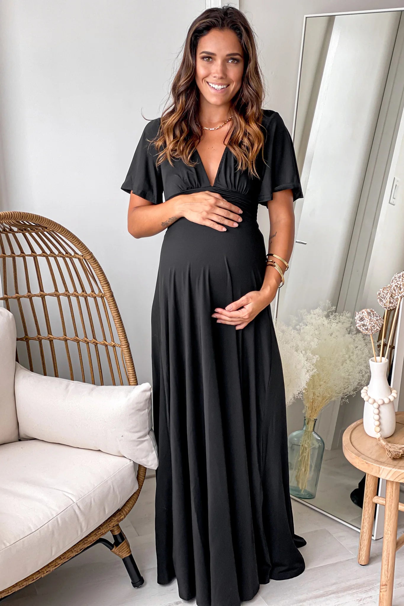 Black V Neck Maternity Maxi Dress
