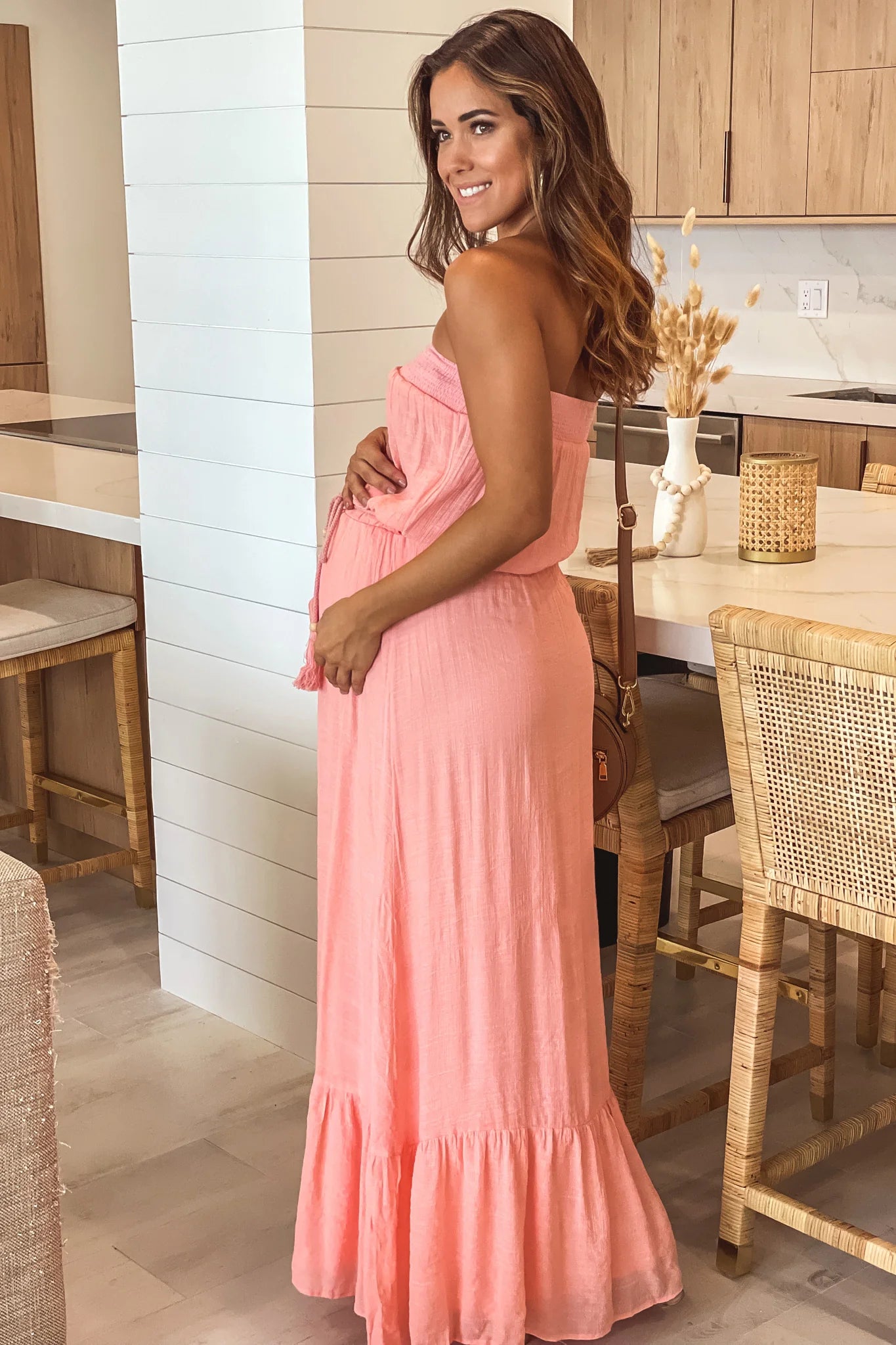 Pink Strapless Maternity Maxi Dress