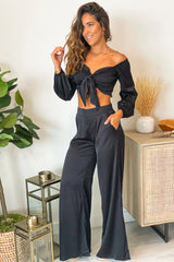Black Satin Smocked Top and Pants Set