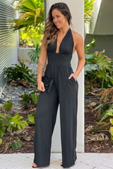 Black Halter Neck Jumpsuit With Pockets
