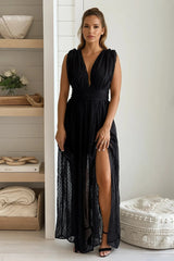 Black Swiss Dot V Neck Maxi Dress