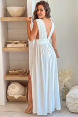 Off White V Neck Maxi Dress With Slit