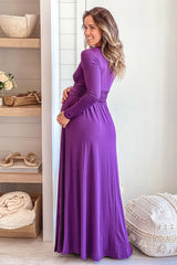 Purple Maternity Maxi Dress with Long Sleeves