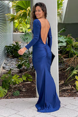Navy Maxi Dress With Long Sleeves And Open Back