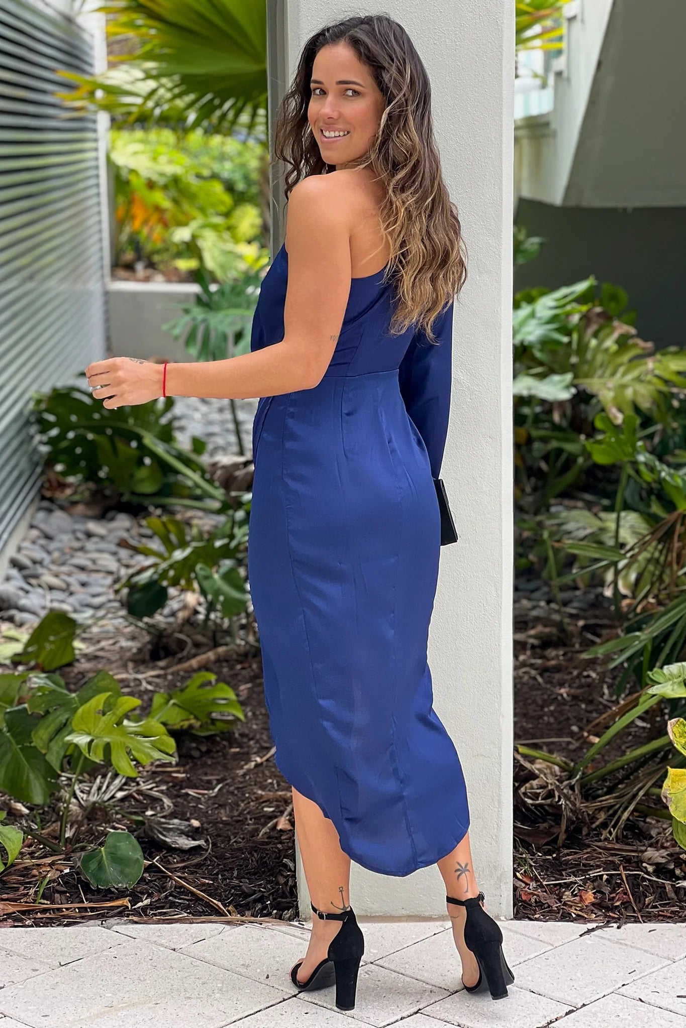 Navy One Shoulder Satin Midi Dress