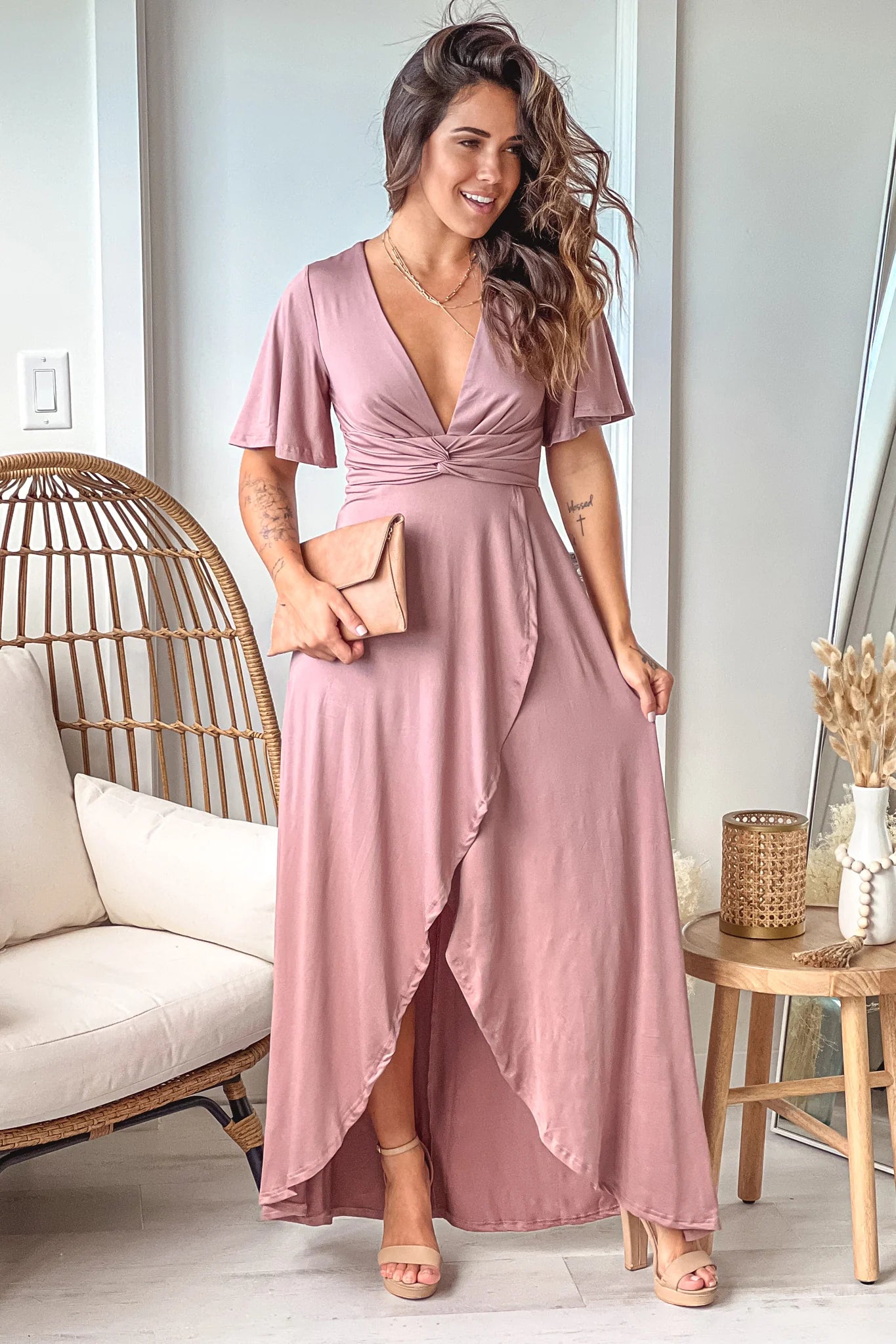 Blush High Low Dress With Short Sleeves