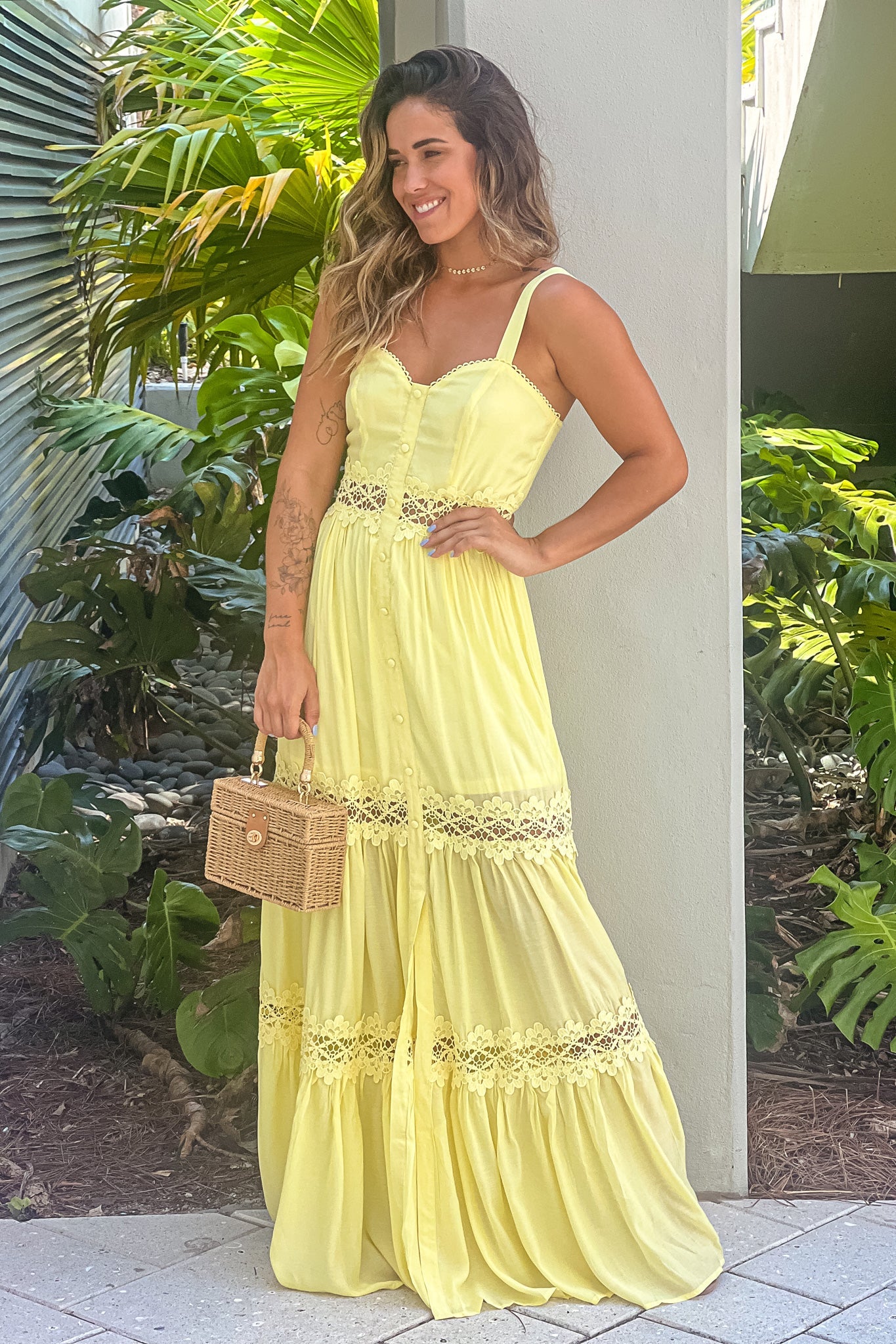 Yellow Maxi Dress With Crochet Trim And Slit