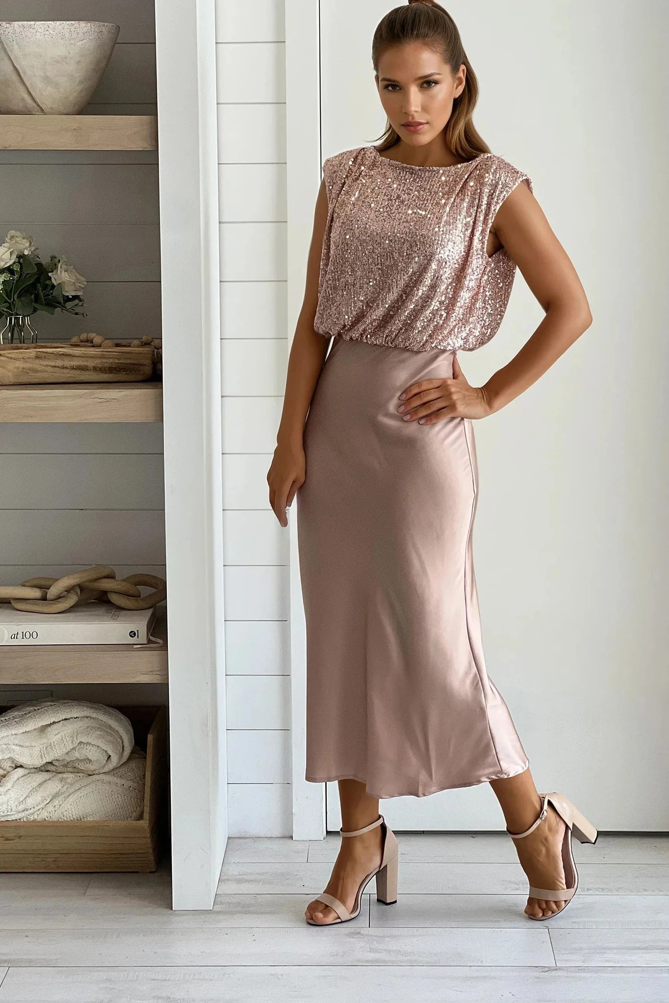 Champagne Sequined Top Satin Midi Dress