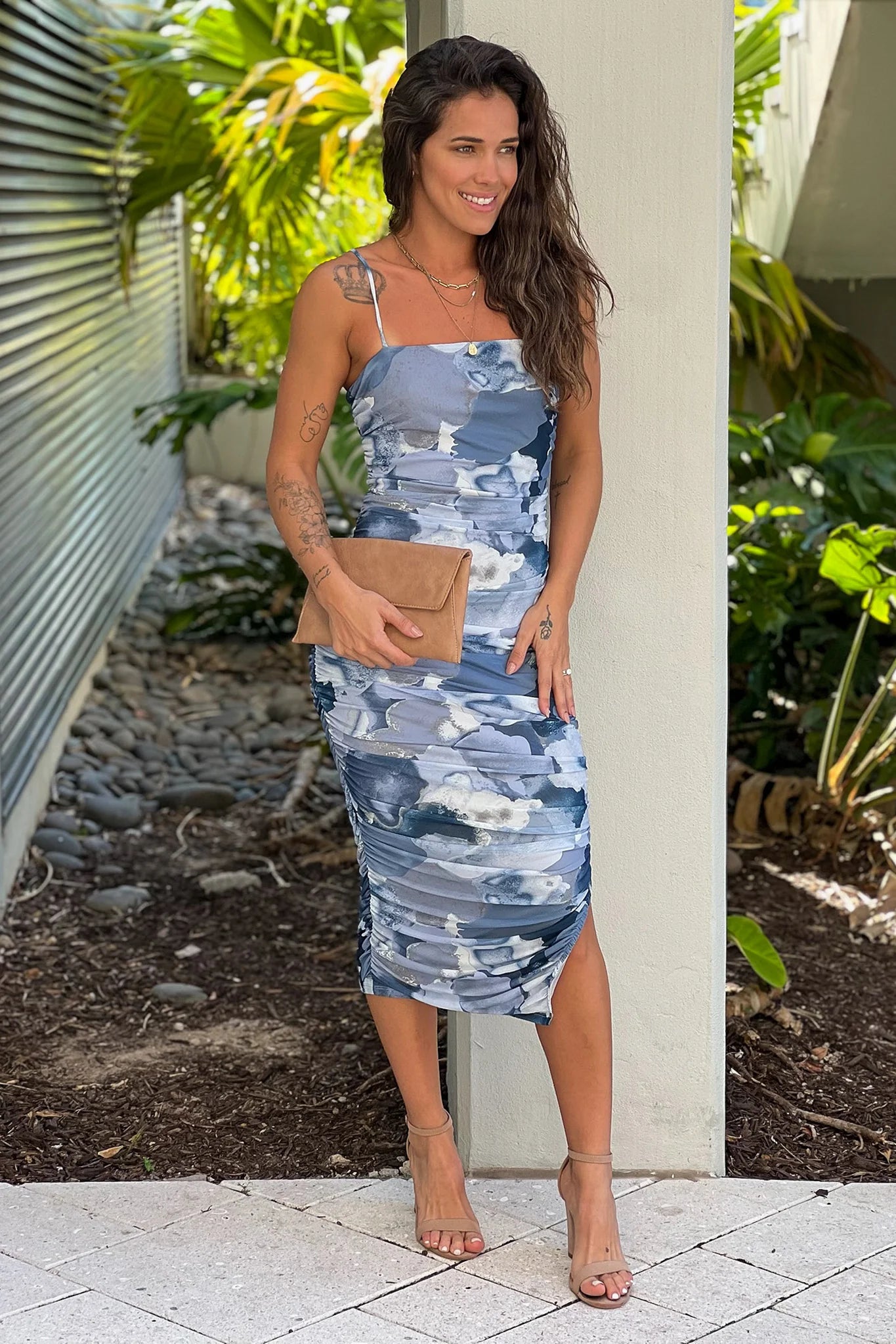 Blue Floral Ruched Dress With Side Slit