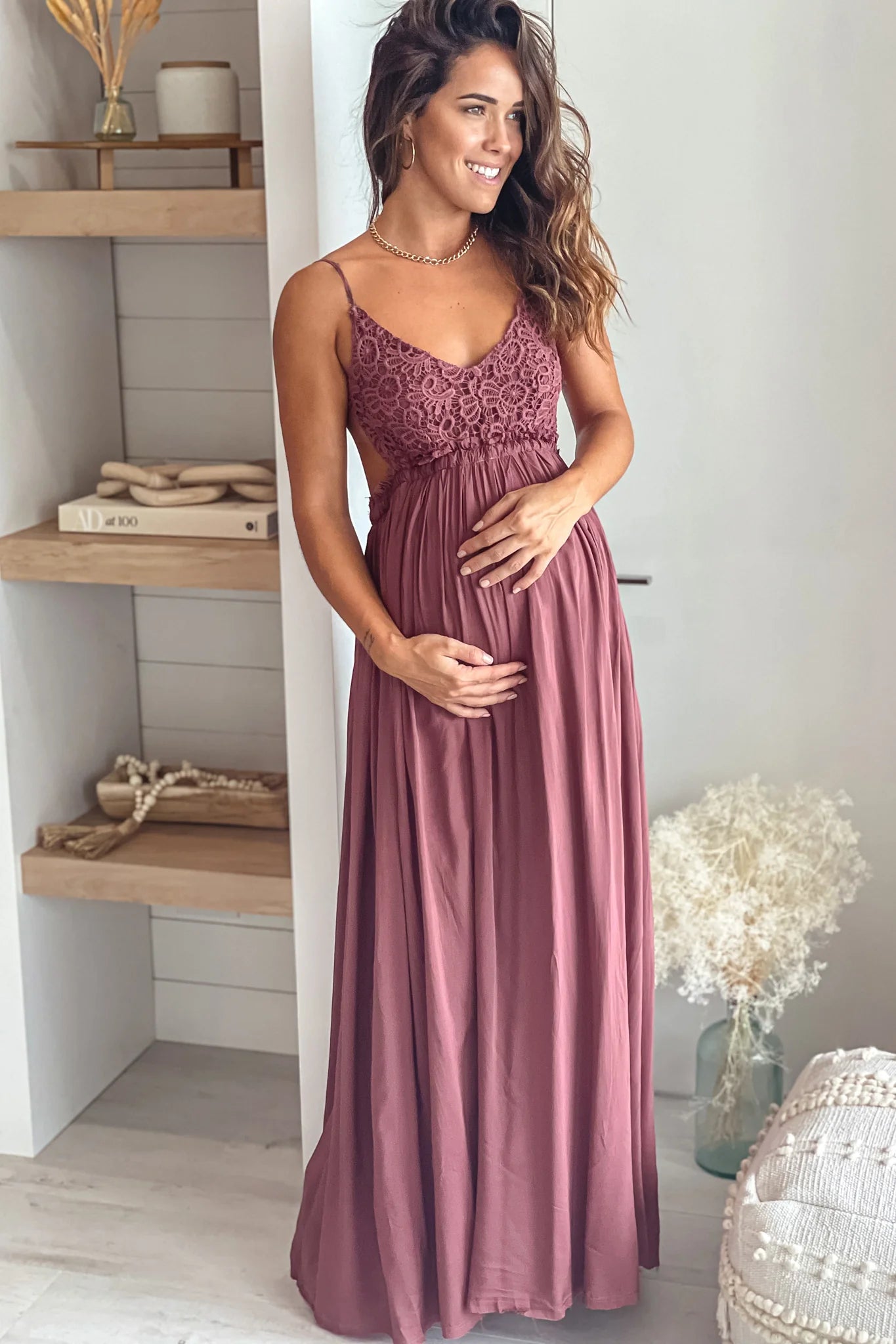 Brick Crochet Top Maternity Maxi Dress with Frayed Hem