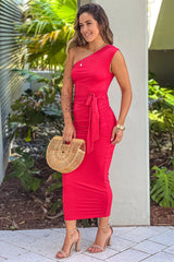Red Ruched One Shoulder Dress