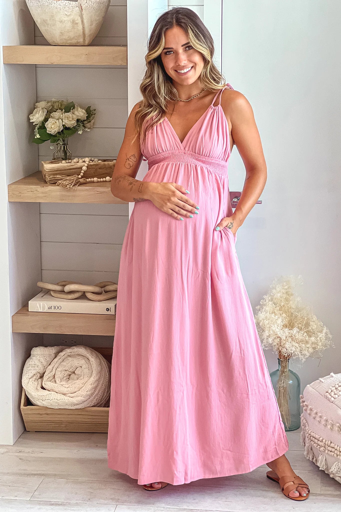 Rose V Neck Maternity Maxi Dress with Pockets