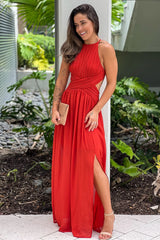 Rust Pleated Maxi Dress