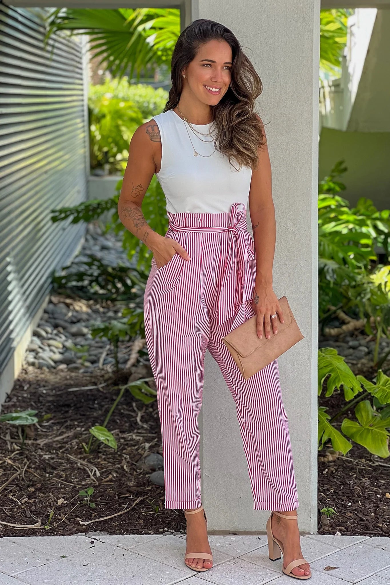 Red Striped Jumpsuit With Tie Belt