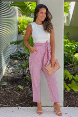 Red Striped Jumpsuit With Tie Belt
