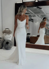 Mermaid Satin White Spaghetti Straps Wedding Dresses With Lace Up Back