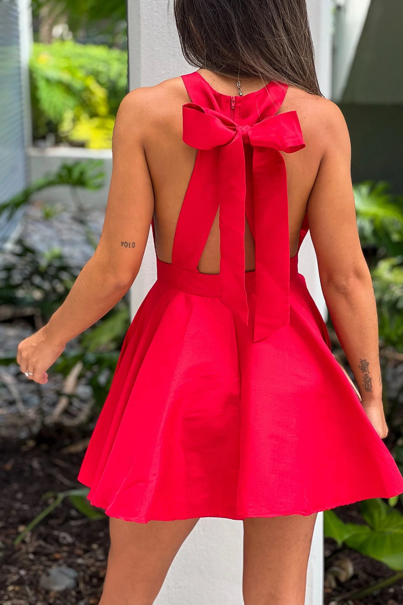 Red Halter Neck Short Dress With Back Bow