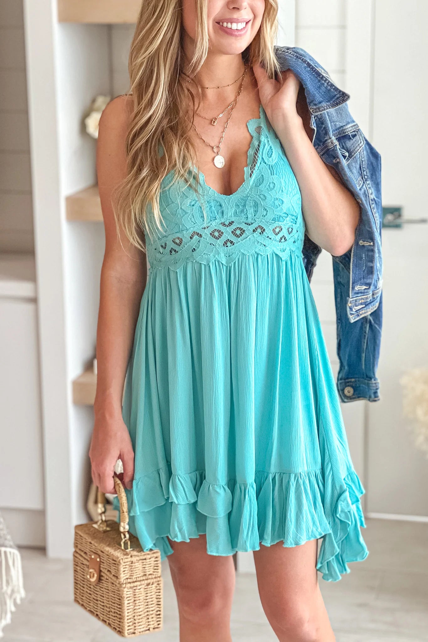 Aqua Crochet Top Short Dress with Criss Cross Back