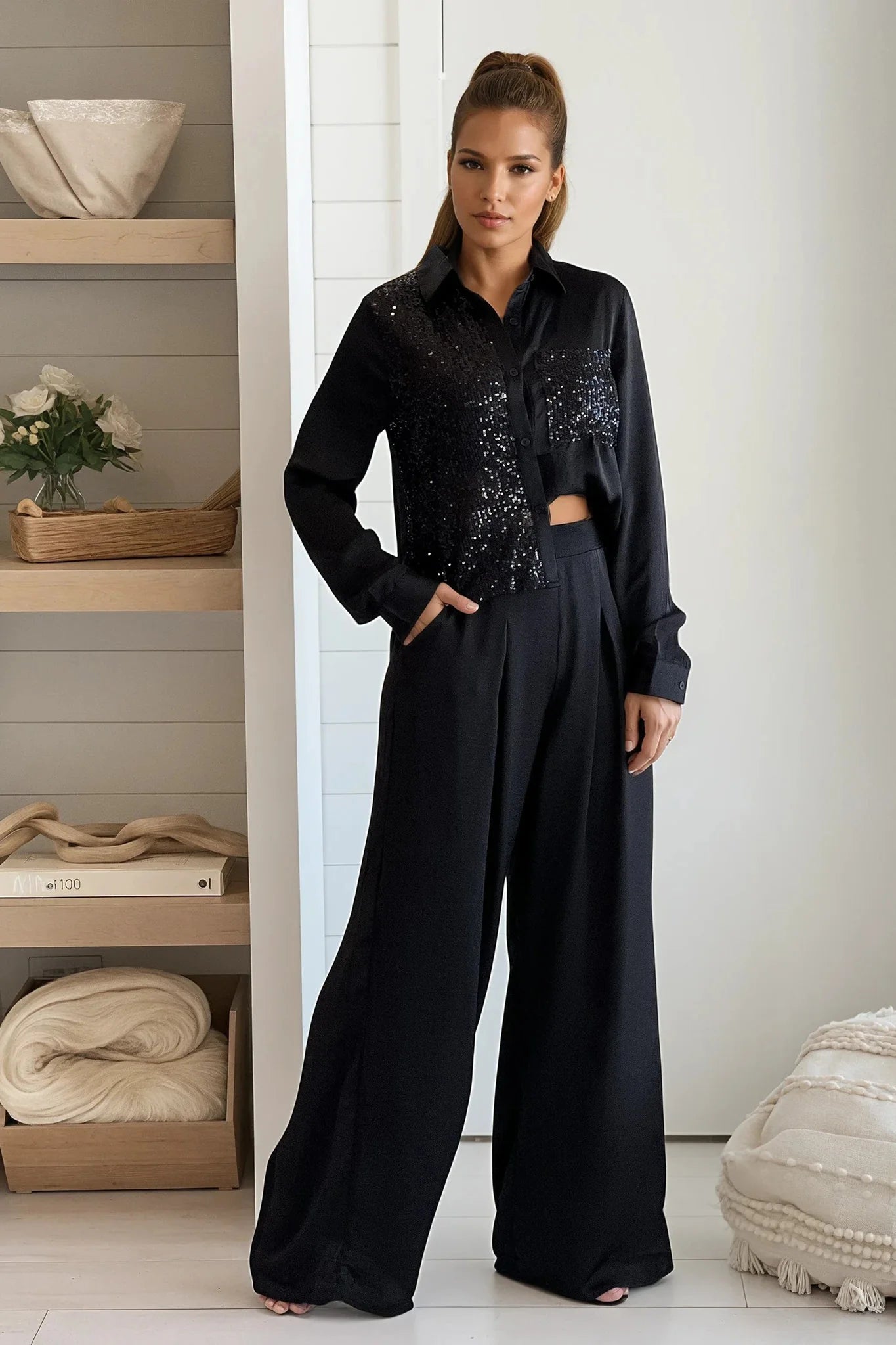 Black Button Down Shirt And Pants Set