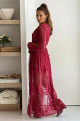 Burgundy Lace Maxi Dress With Belt