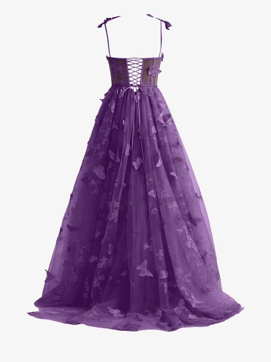 Purple A line Butterfly Lace Lilac Corset Prom Dress with Slit