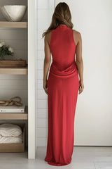 Red Jersey Draped Waist Maxi Dress