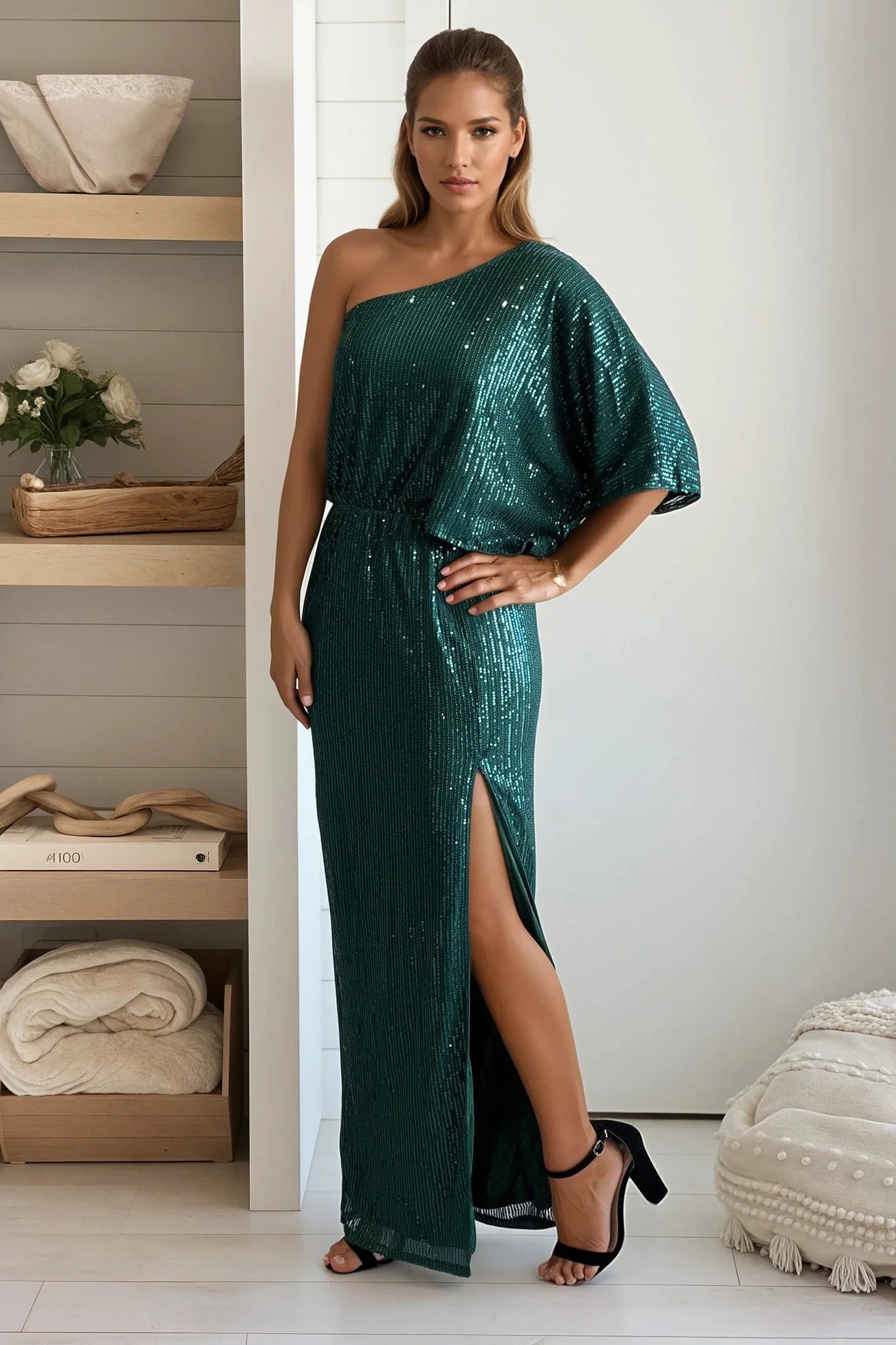 Green Sequined One Shoulder Maxi Dress