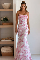 Pink Floral Pleated Mermaid Maxi Dress