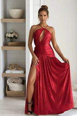 Red Metallic Strappy Maxi Dress With Slit