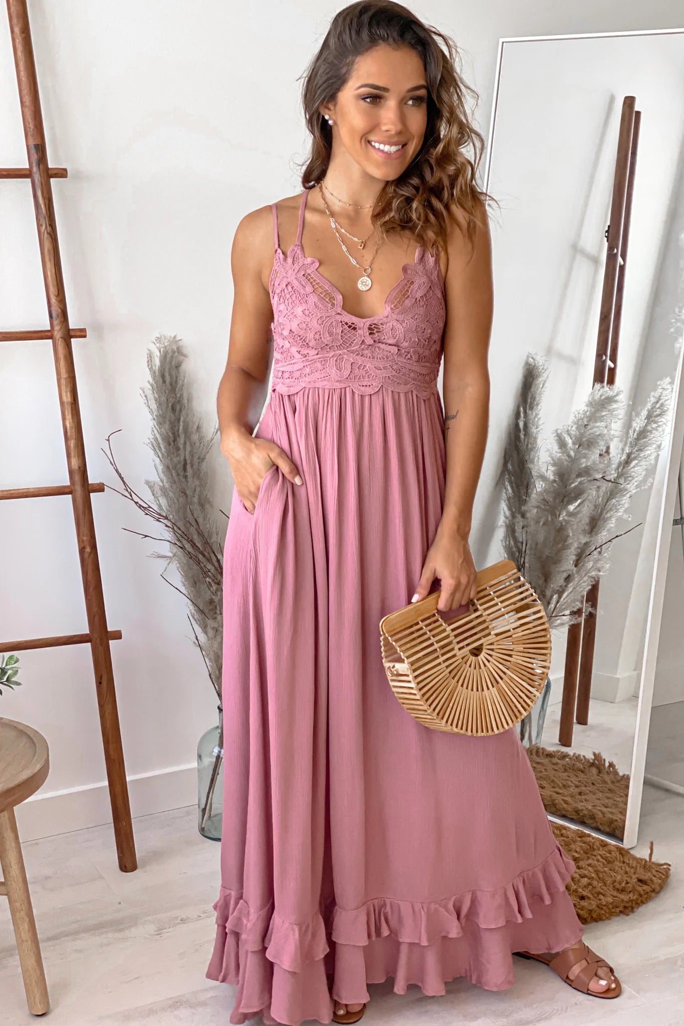 Dusty Rose Lace Top Maxi Dress